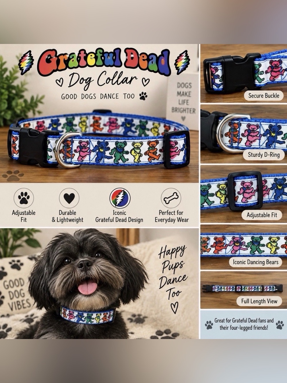 Grateful Dead Dancing Bears Dog Collar - Multicolor Bears on Blue Trim